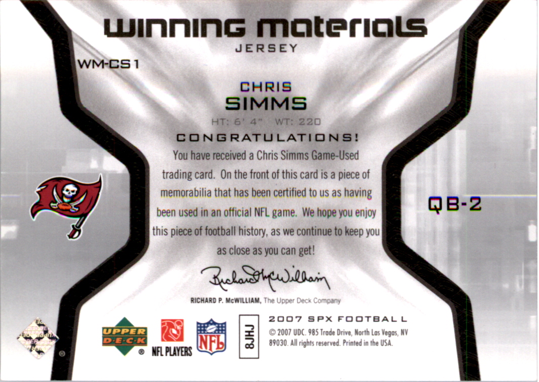 2007 SPx Winning Materials Jersey Number #WMCS1 Chris Simms back image