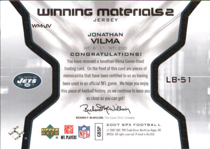 2007 SPx Winning Materials Jersey Number Dual #WMJV Jonathan Vilma back image