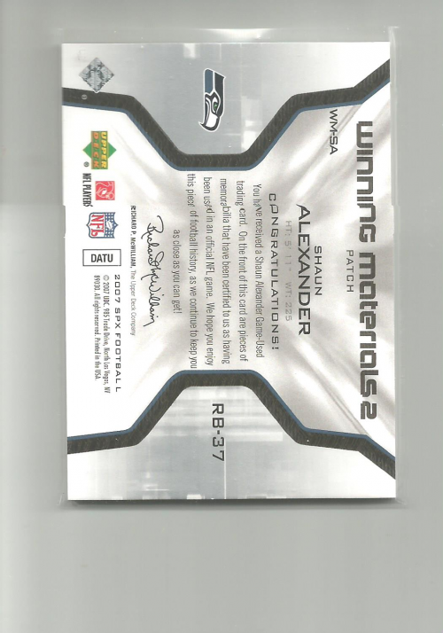 2007 SPx Winning Materials Jersey Number Dual Patch #WMSA Shaun Alexander back image