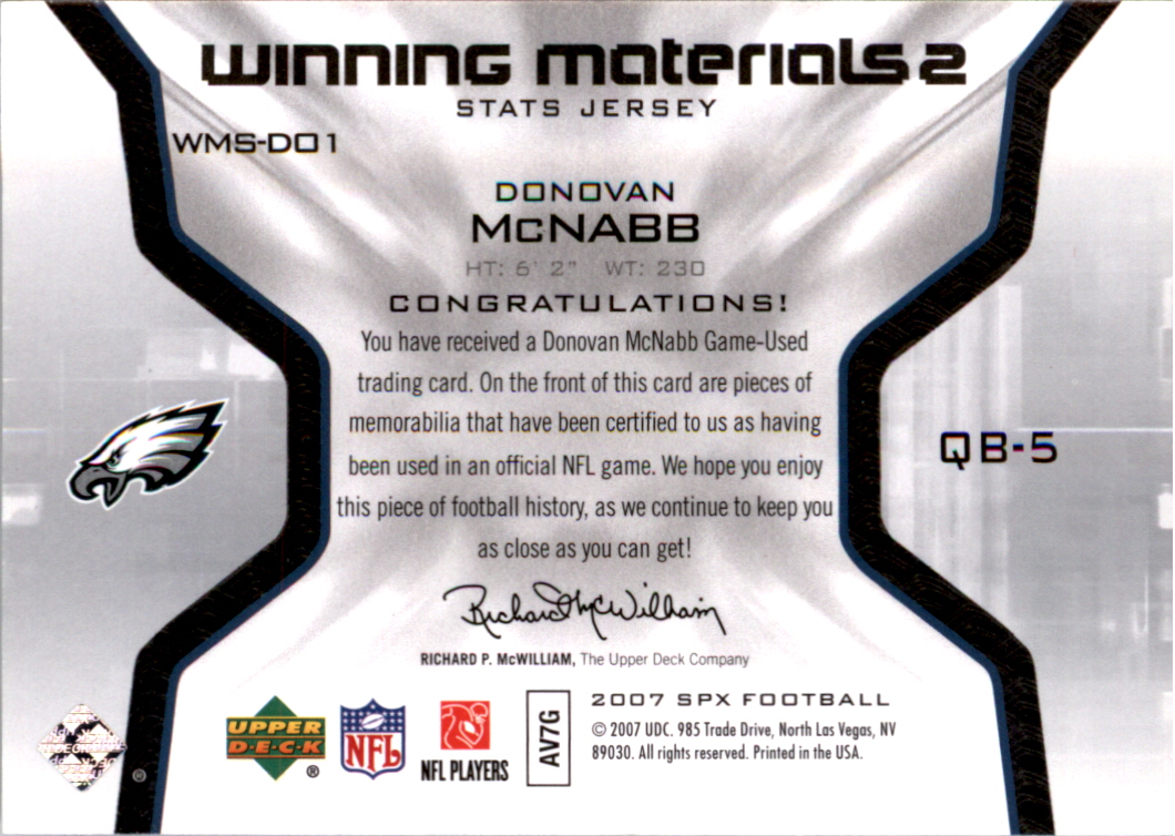 2007 SPx Winning Materials Stat Dual #WMSDO1 Donovan McNabb back image