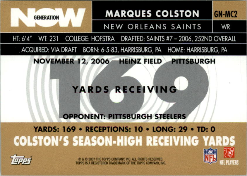 2007 Topps Generation Now #MC2 Marques Colston back image