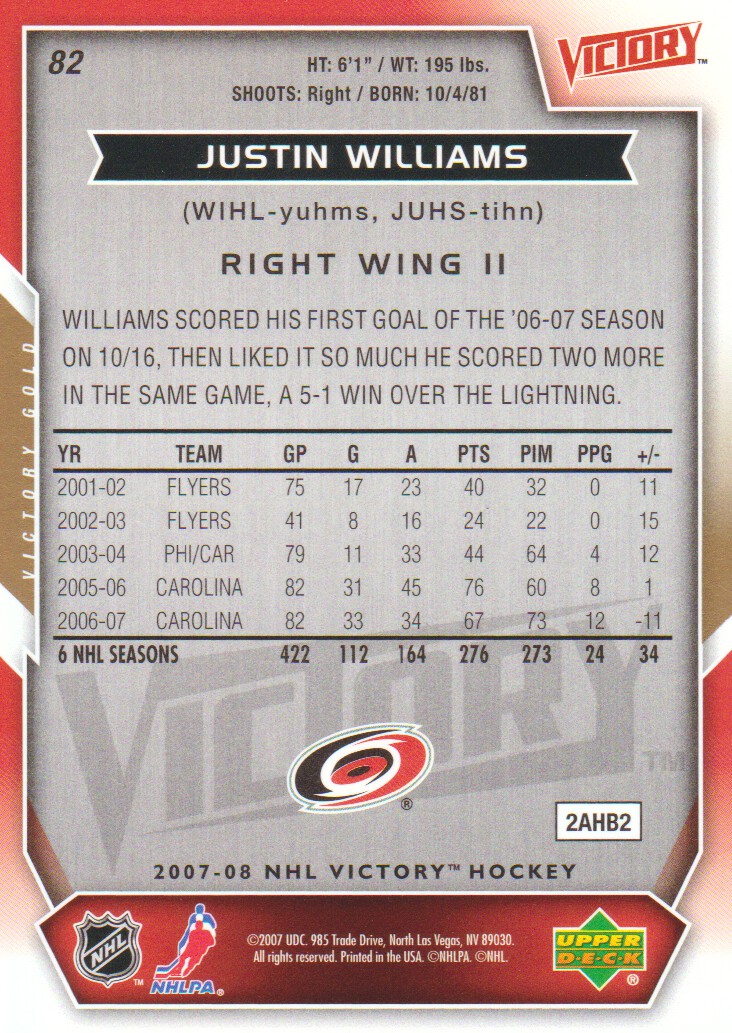 2007-08 Upper Deck Victory Gold #82 Justin Williams back image