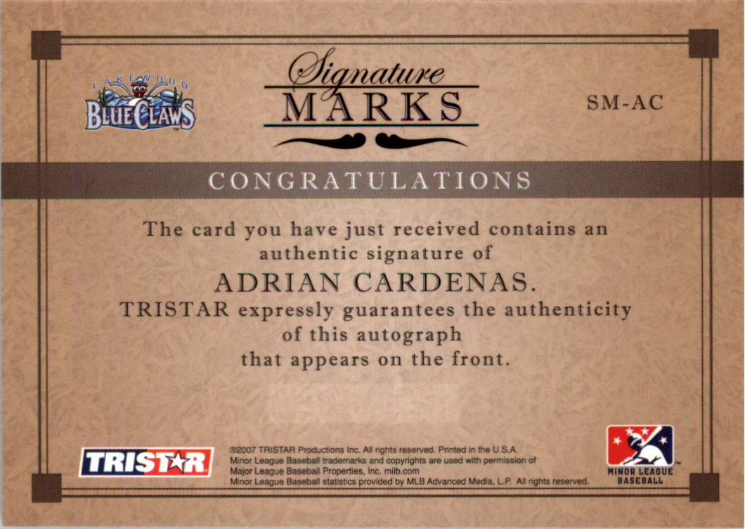 2007 TRISTAR Elegance Signature Marks #AC Adrian Cardenas back image