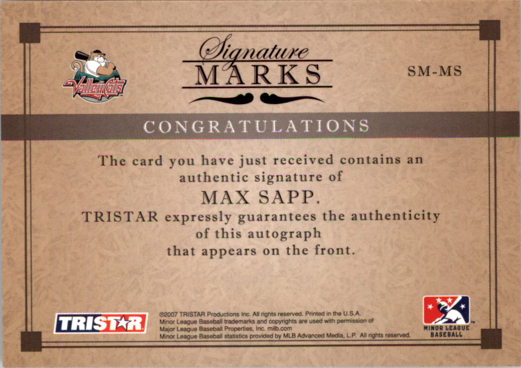 2007 TRISTAR Elegance Signature Marks #MS Max Sapp back image