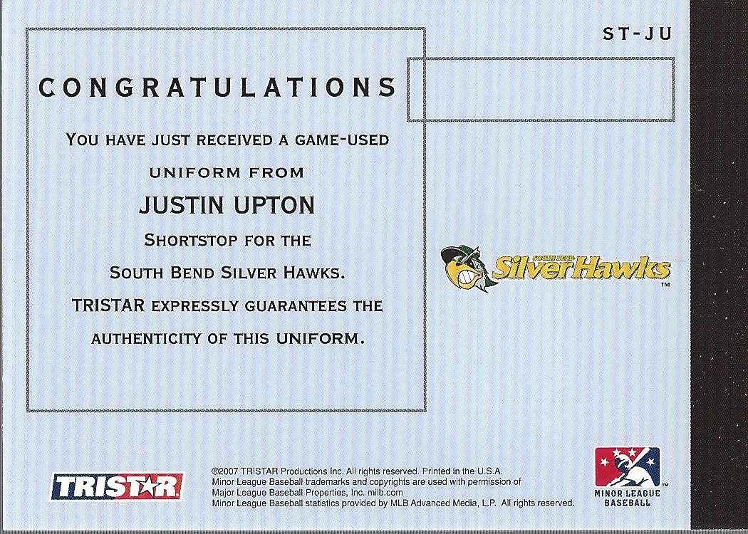 2007 TRISTAR Elegance Showtime Game Used #JU Justin Upton back image