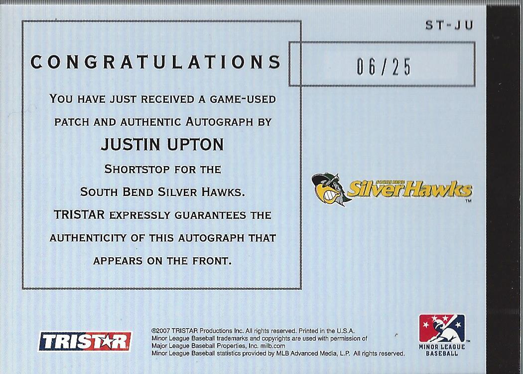 2007 TRISTAR Elegance Showtime Game Used Patch Autographs 25 #JU Justin Upton back image