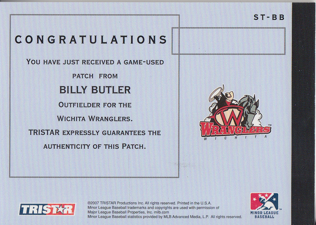 2007 TRISTAR Elegance Showtime Game Used Patch #BB Billy Butler back image