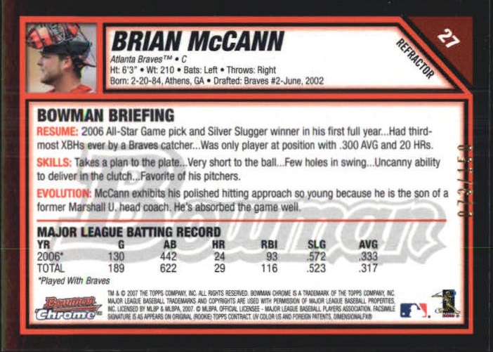 2007 Bowman Chrome Blue Refractors #27 Brian McCann back image