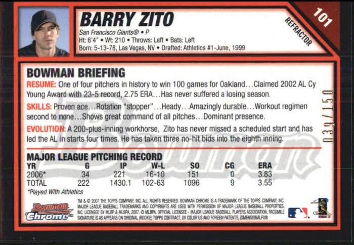2007 Bowman Chrome Blue Refractors #101 Barry Zito back image
