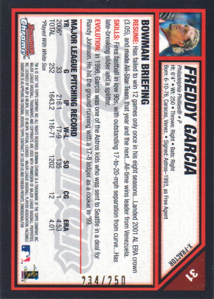 2007 Bowman Chrome X-Fractors #31 Freddy Garcia back image