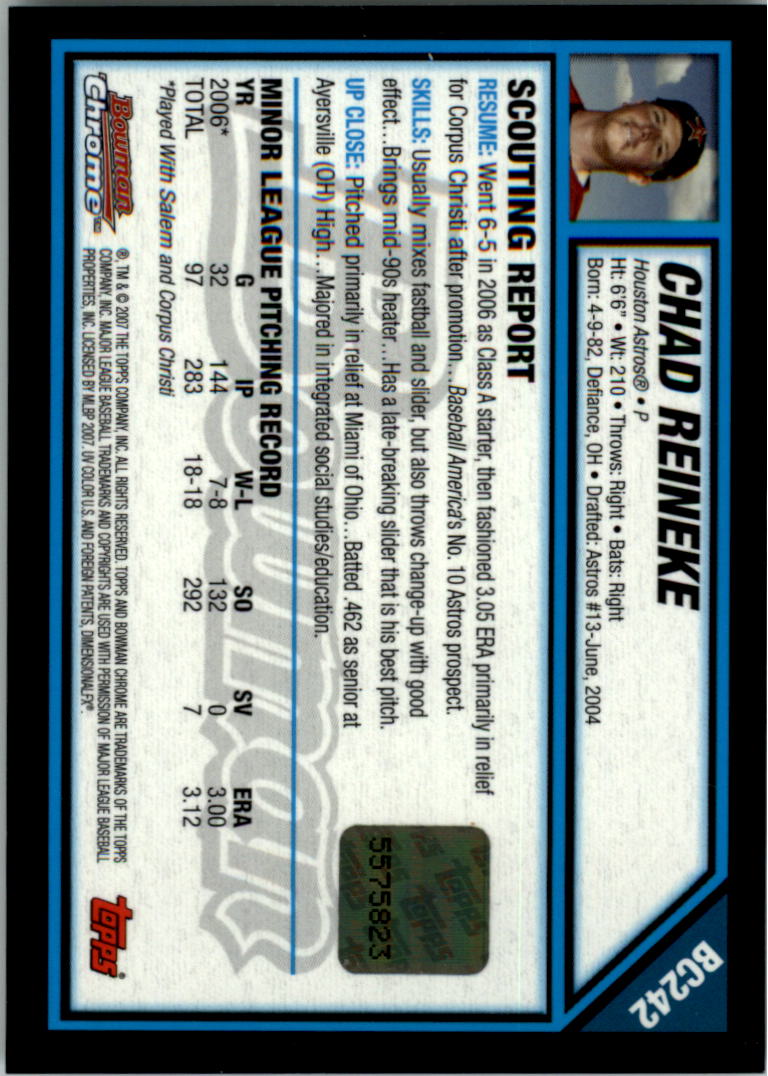 2007 Bowman Chrome Prospects #BC242 Chad Reineke AU back image