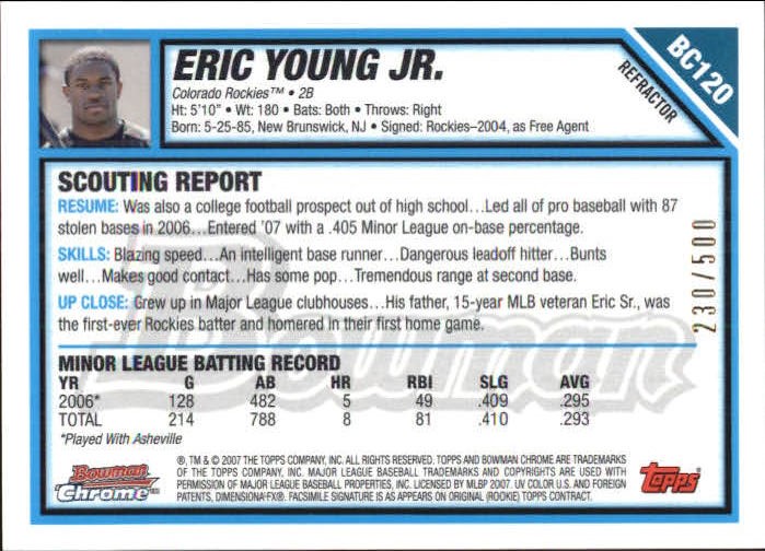 2007 Bowman Chrome Prospects Refractors #BC120 Eric Young Jr. back image