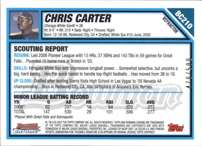2007 Bowman Chrome Prospects Refractors #BC210 Chris Carter