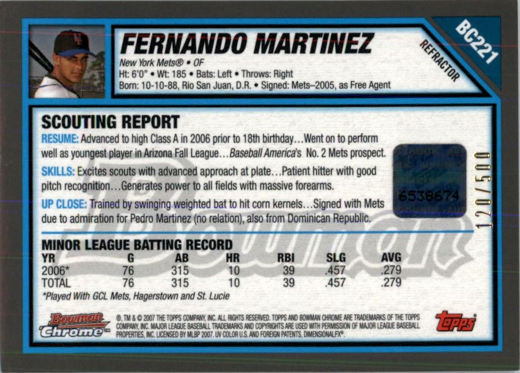 2007 Bowman Chrome Prospects Refractors #BC221 Fernando Martinez AU