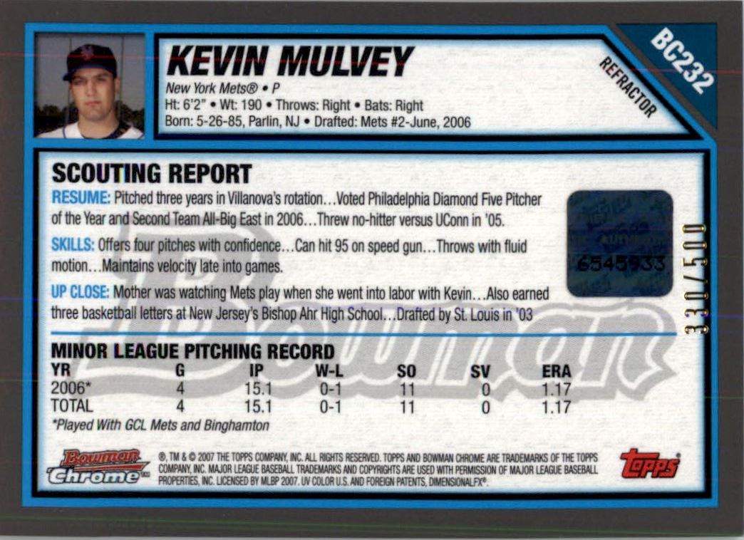 2007 Bowman Chrome Prospects Refractors #BC232 Kevin Mulvey AU
