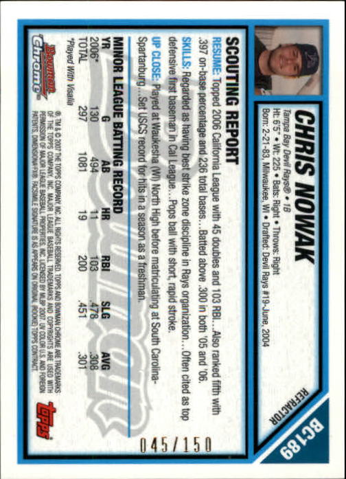 2007 Bowman Chrome Prospects Blue Refractors #BC189 Chris Nowak