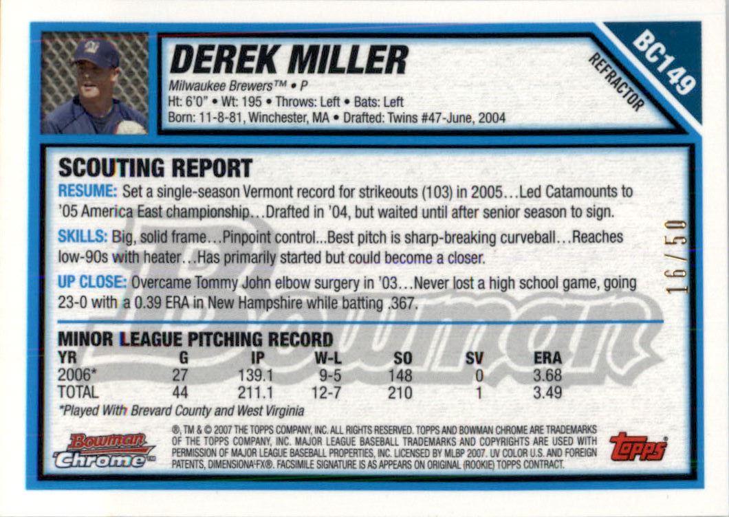 2007 Bowman Chrome Prospects Gold Refractors #BC149 Derek Miller