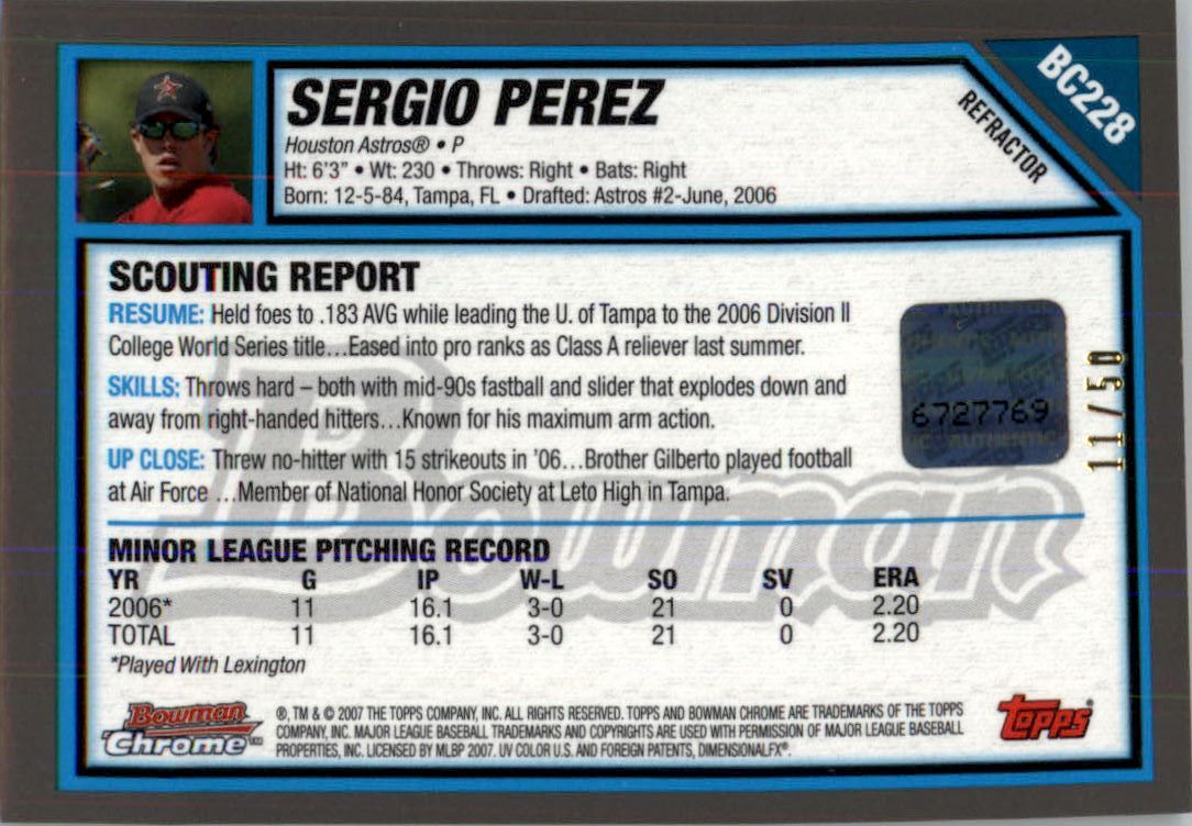 2007 Bowman Chrome Prospects Gold Refractors #BC228 Sergio Perez AU