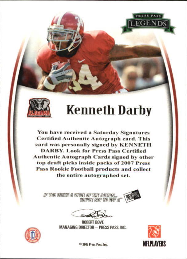 2007 Press Pass Legends Autographs Red Ink #20 Kenneth Darby/98* back image