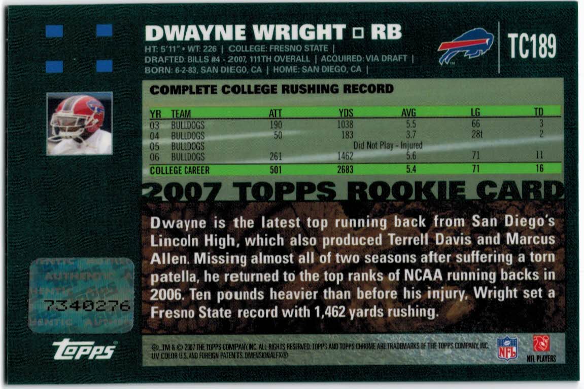 2007 Topps Chrome Rookie Autographs #TC189 Dwayne Wright H back image
