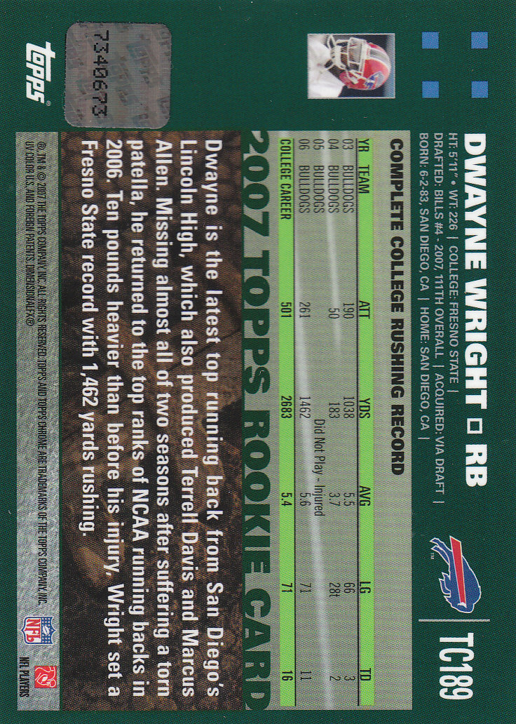 2007 Topps Chrome Rookie Autographs #TC189 Dwayne Wright H back image