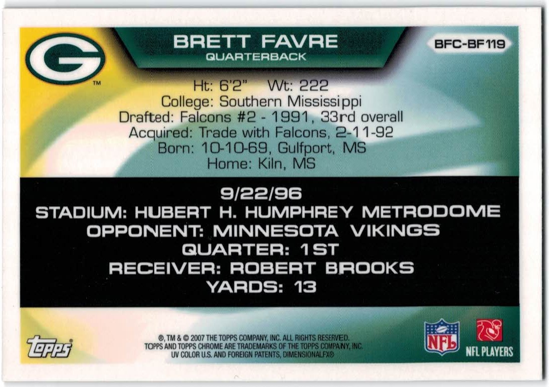 2007 Topps Chrome Brett Favre Collection #BF119 Brett Favre back image