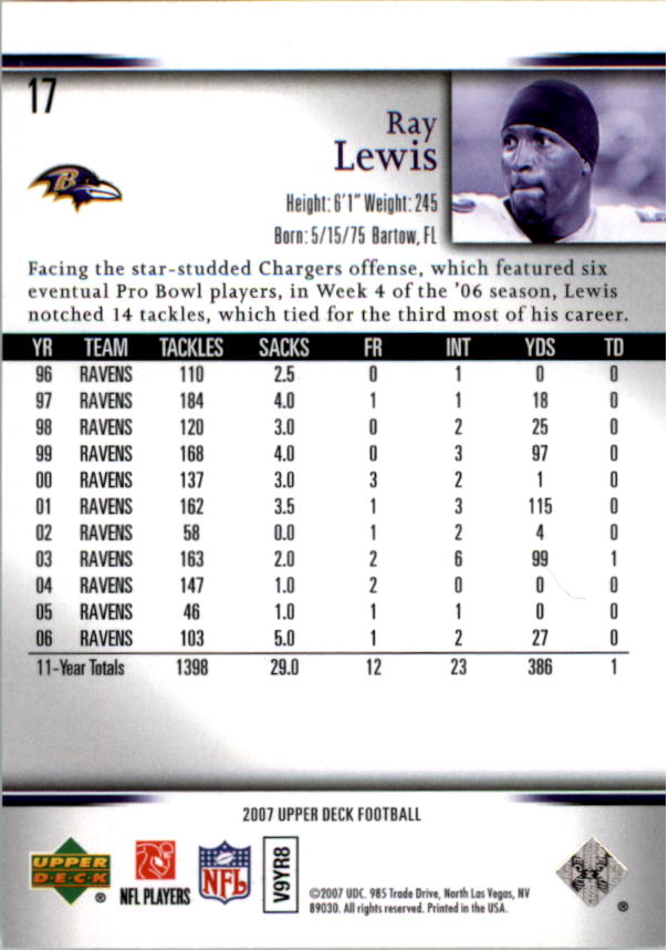 2007 Upper Deck #17 Ray Lewis back image