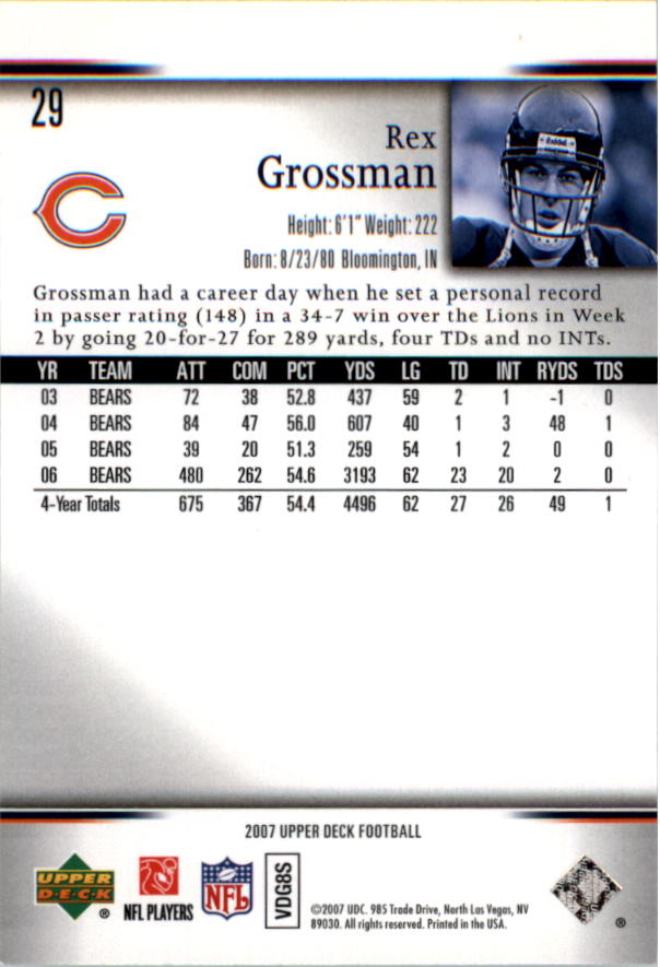 2007 Upper Deck #29 Rex Grossman back image