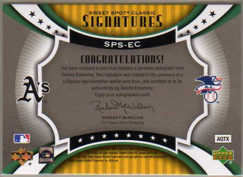2007 Sweet Spot Classic Signatures Leather Gold Ink #SPSEC Dennis Eckersley/50 back image
