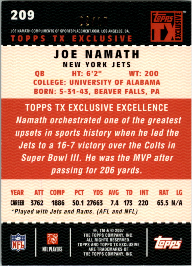 2007 Topps TX Exclusive Gold #209 Joe Namath back image