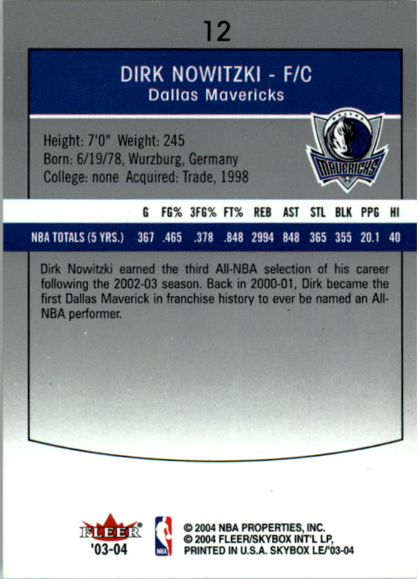 2003-04 SkyBox LE Retail #12 Dirk Nowitzki back image