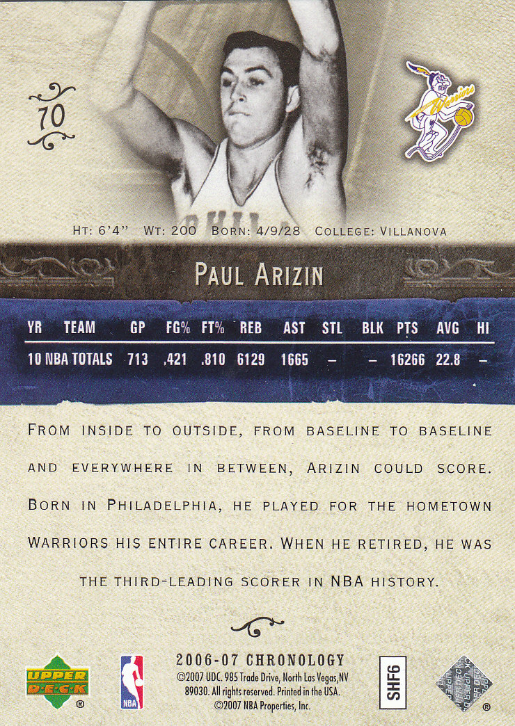 2006-07 Chronology #70 Paul Arizin back image