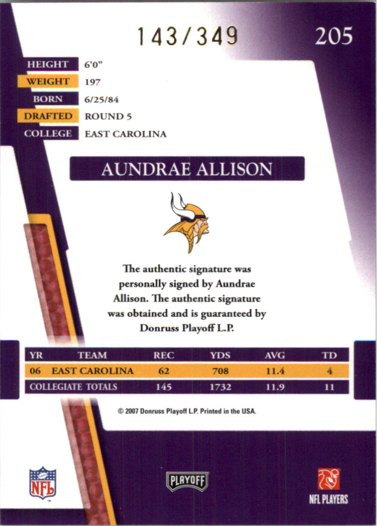 2007 Absolute Memorabilia #205 Aundrae Allison AU RC back image