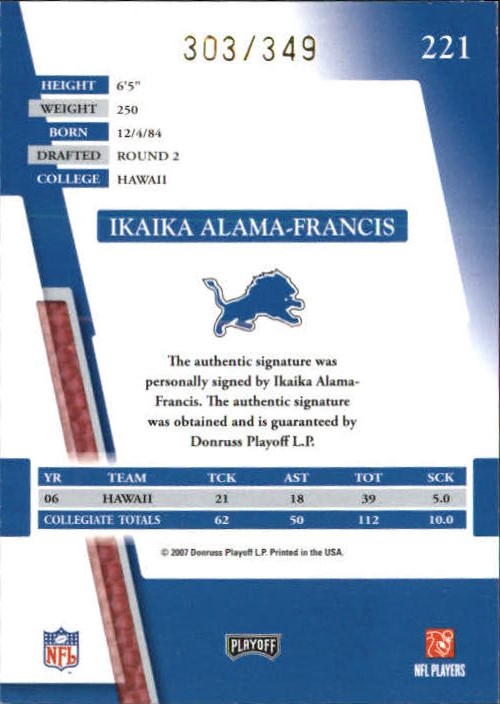 2007 Absolute Memorabilia #221 Ikaika Alama-Francis AU RC back image