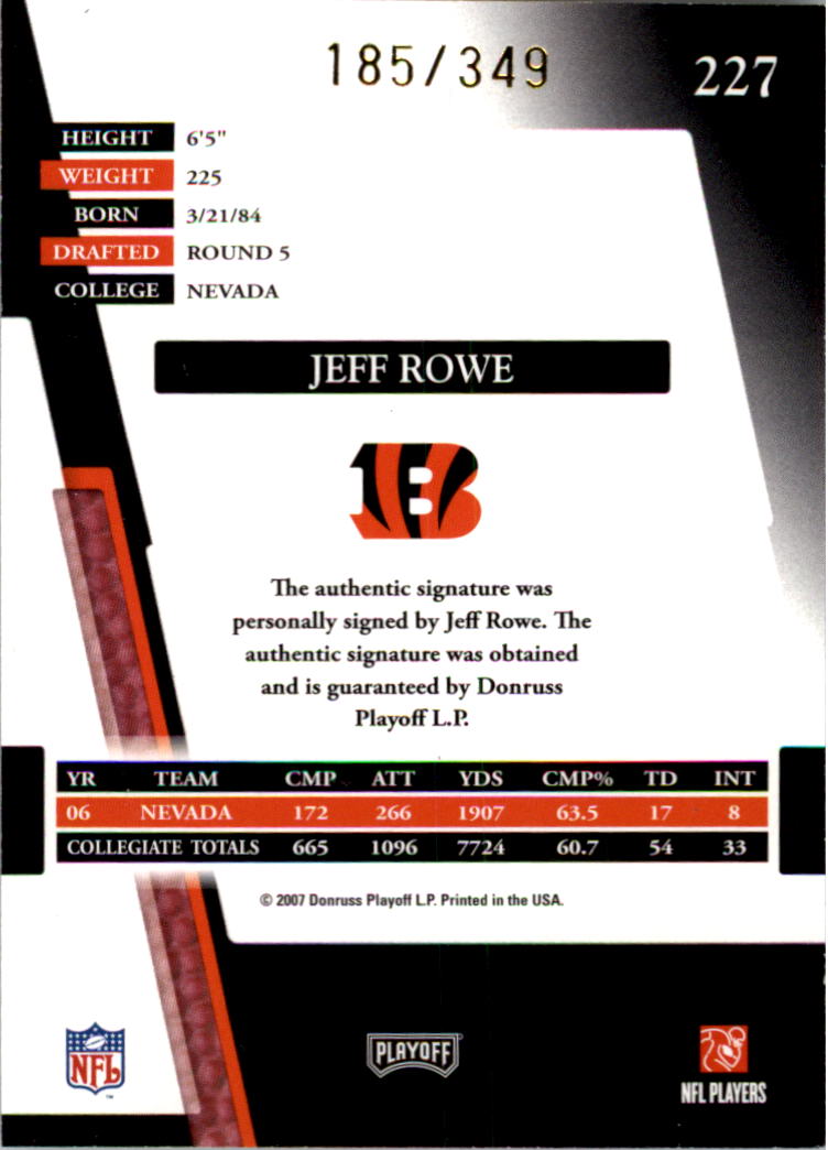 2007 Absolute Memorabilia #227 Jeff Rowe AU RC back image
