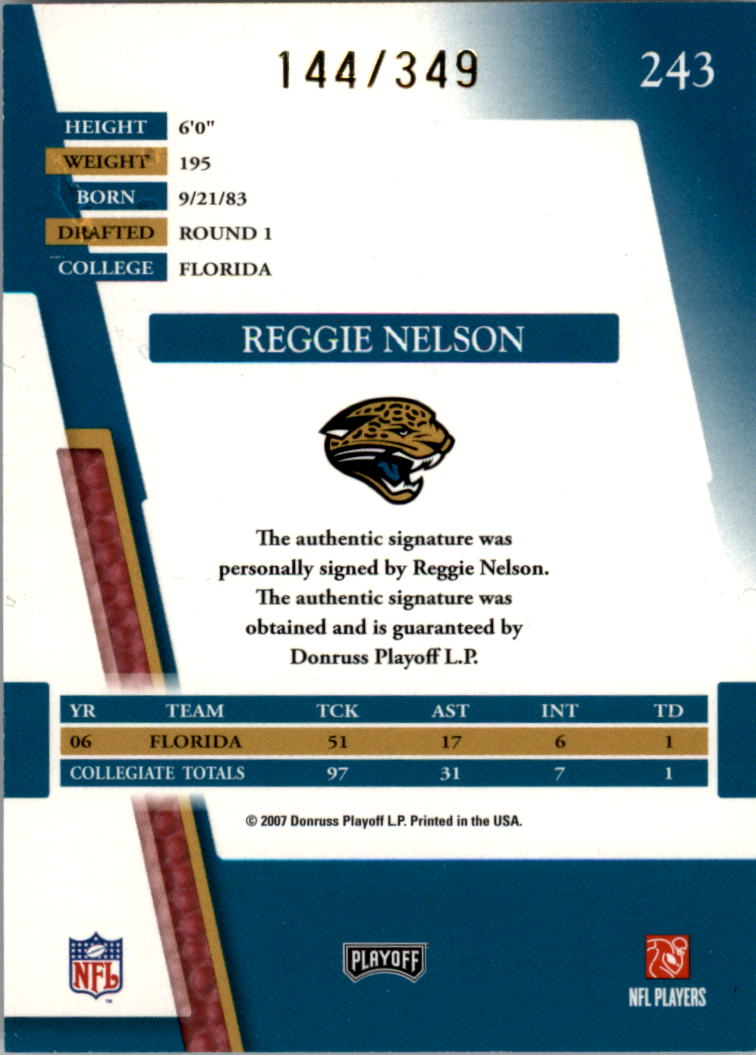 2007 Absolute Memorabilia #243 Reggie Nelson AU RC back image
