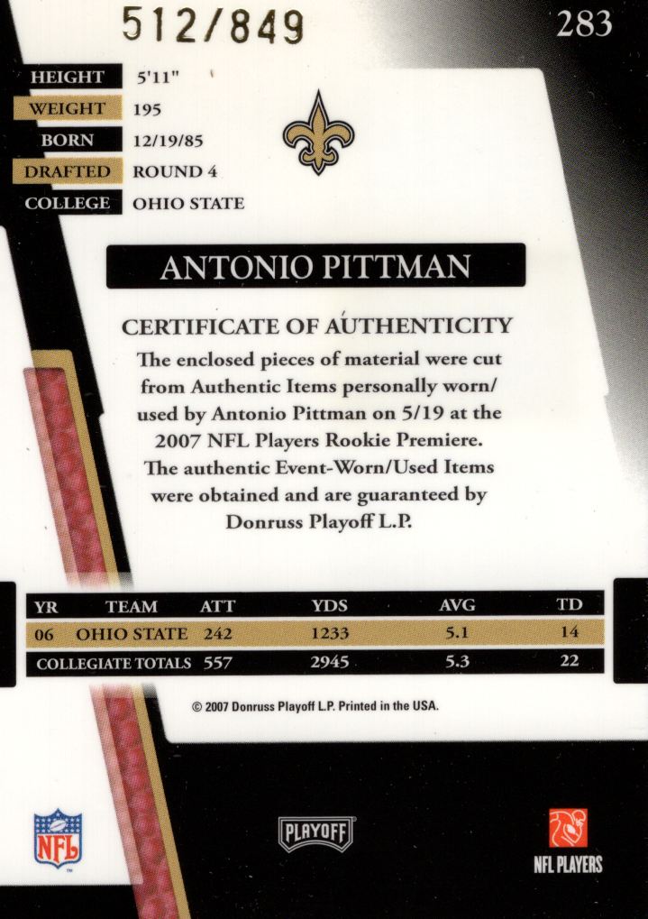 2007 Absolute Memorabilia #283 Antonio Pittman RPM RC back image