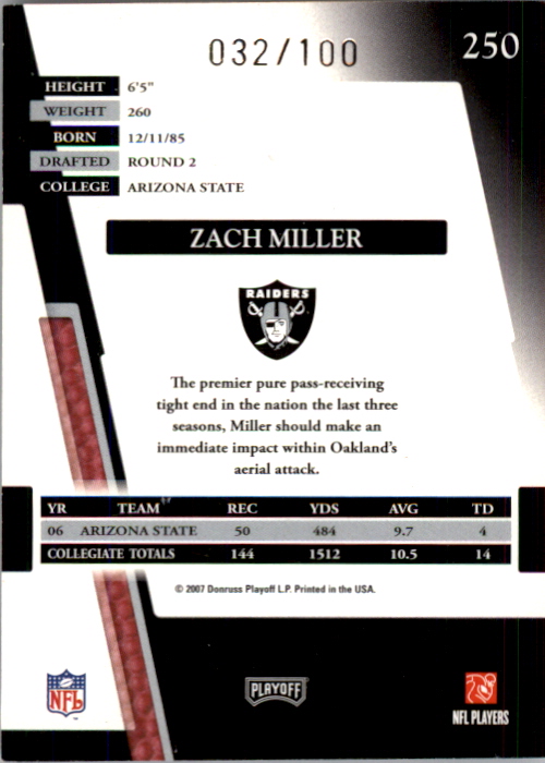 2007 Absolute Memorabilia Spectrum Silver Retail #250 Zach Miller back image