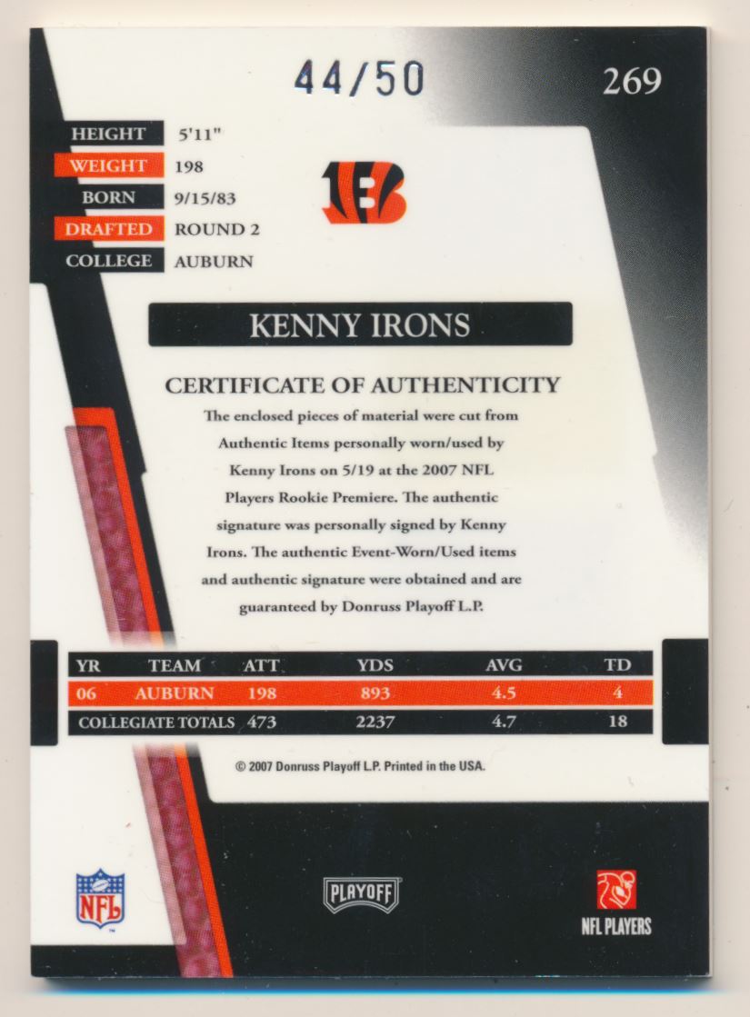 2007 Absolute Memorabilia Rookie Premiere Materials Autographs Spectrum Platinum #269 Kenny Irons back image