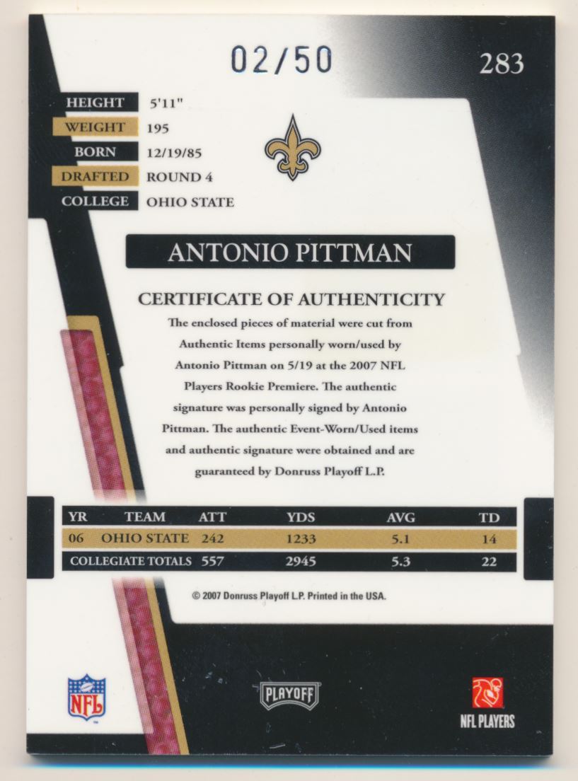 2007 Absolute Memorabilia Rookie Premiere Materials Autographs Spectrum Platinum #283 Antonio Pittman back image