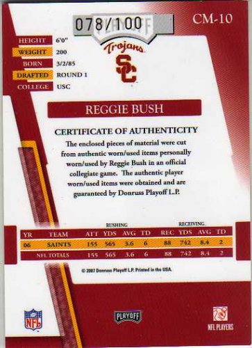 2007 Absolute Memorabilia College Materials #10 Reggie Bush back image