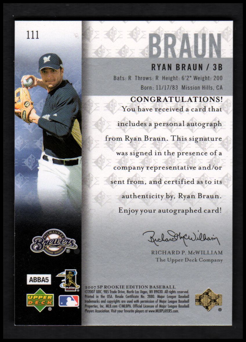 2007 Upper Deck Ryan Braun Rookie Card