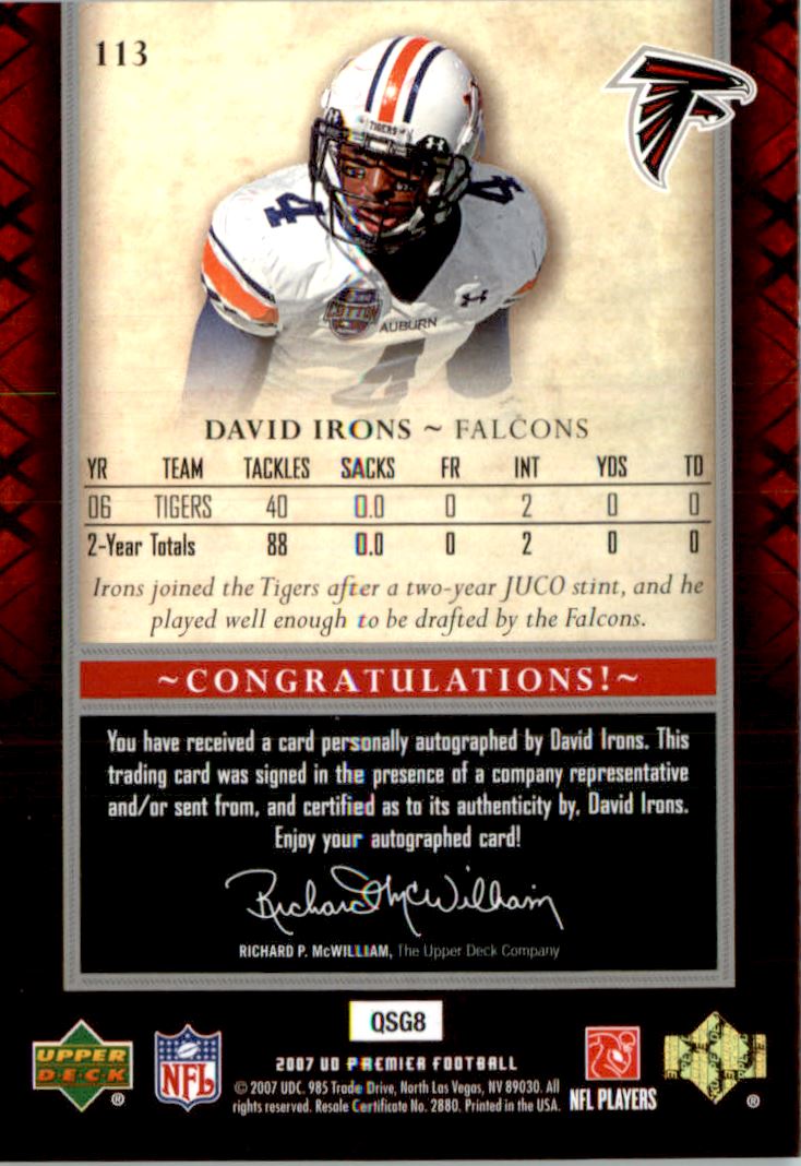 2007 Upper Deck Premier #113 David Irons AU RC back image