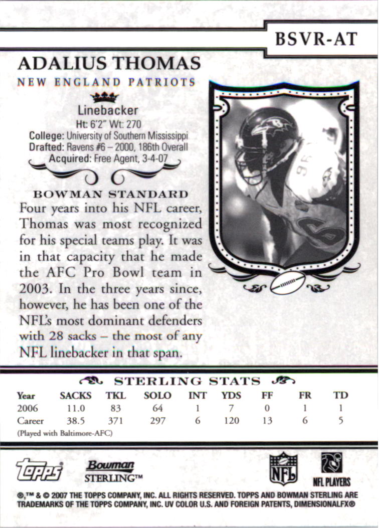 2007 Bowman Sterling #AT Adalius Thomas JSY back image