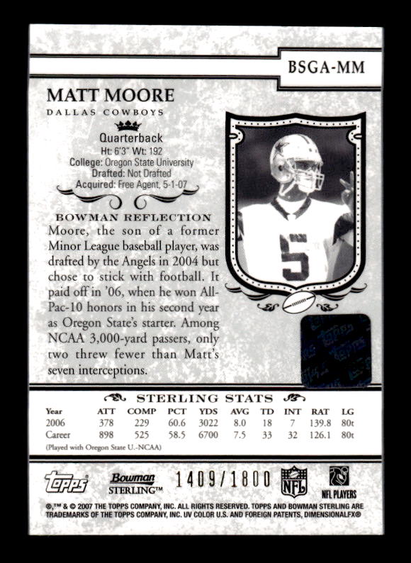 2007 Bowman Sterling Gold Rookie Autographs #MM Matt Moore/1800 back image