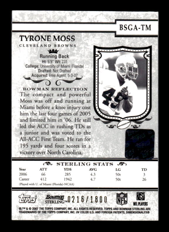 2007 Bowman Sterling Gold Rookie Autographs #TM Tyrone Moss/1800 back image