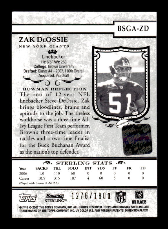 2007 Bowman Sterling Gold Rookie Autographs #ZD Zak DeOssie/1800 back image