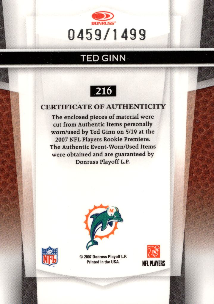 2007 Leaf Certified Materials #216 Ted Ginn Jr. JSY RC back image