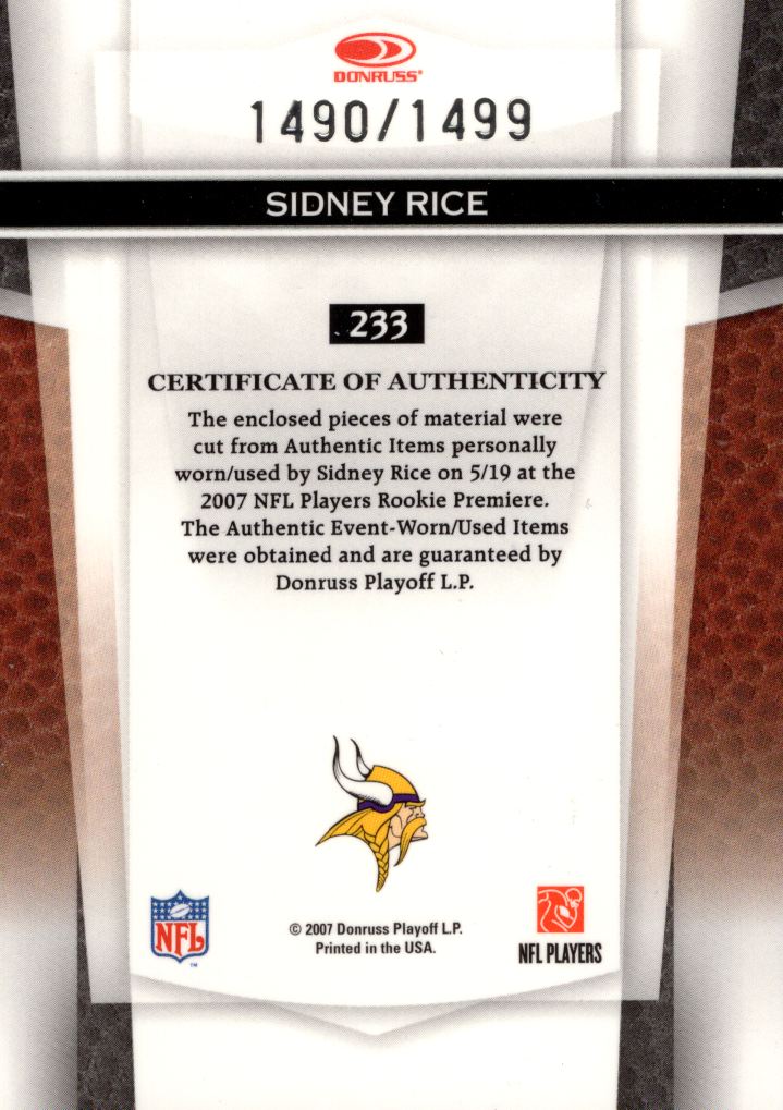 2007 Leaf Certified Materials #233 Sidney Rice JSY RC back image