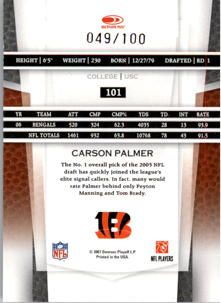 2007 Leaf Certified Materials Mirror Red #101 Carson Palmer back image